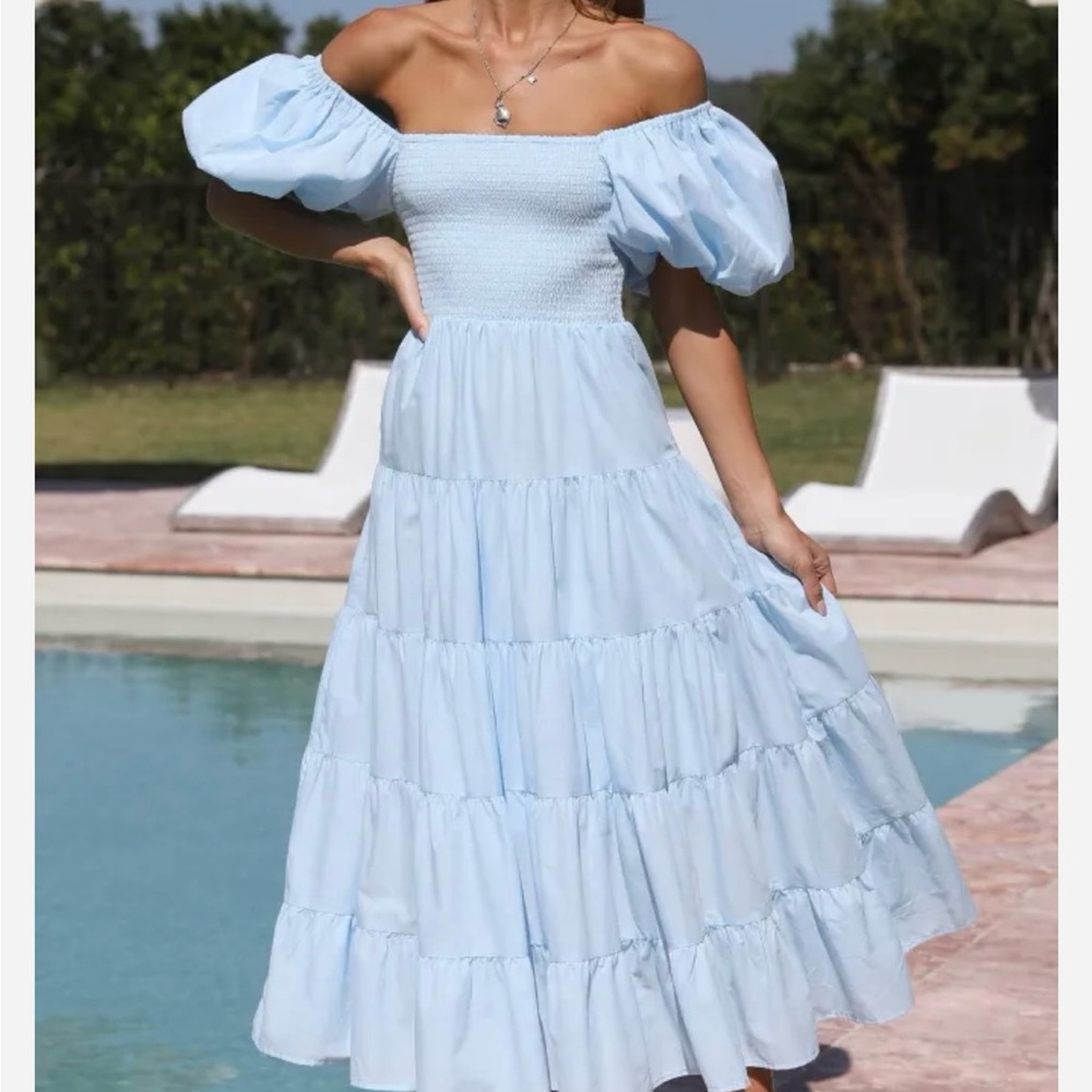 Blue Ruffled Tiered Off-Shoulder Midi Sundress
